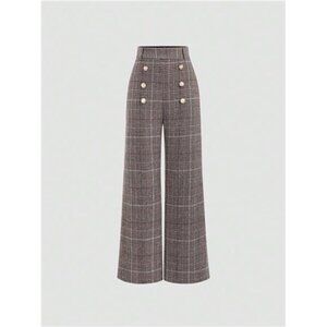 Women Corduroy Color-Block Plaid Casual Straight-Leg Double-Breasted Pants, Fall